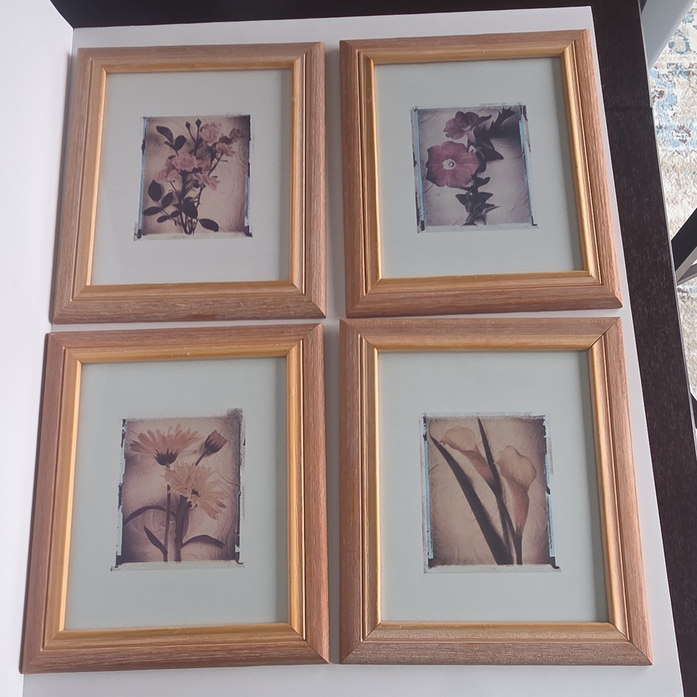 Set of 4 Gold-Tone Wall Frames With  Floral Botanical Print